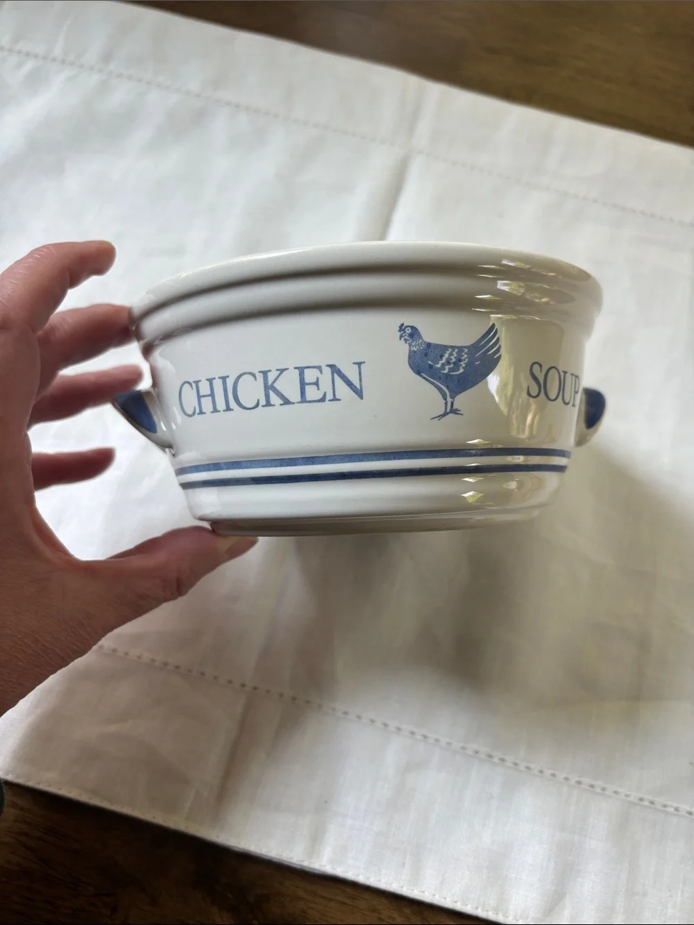 Vintage 1985 Chicken Soup Bowl 6” Blue & White Ceramic